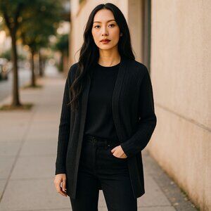 Women's Chenille Black Open Front Cardigan - Size L, Lightweight & Stylish